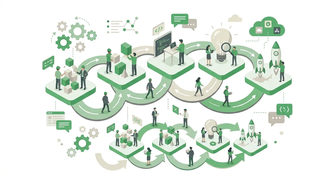 Illustration for the question “What are the 5 phases of software development, and what does agile do with them?”