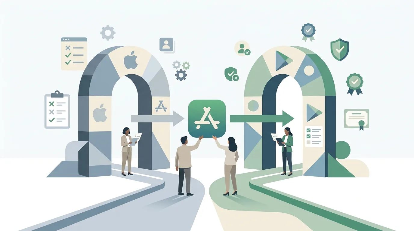 Illustration zur Frage „Was verlangen App Store und Google Play vor der Veröffentlichung?“