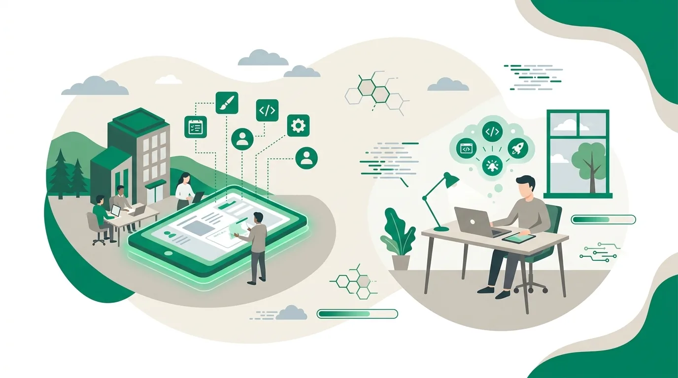 Illustration zur Frage „Agentur für App-Entwicklung im Westerwald oder Freelancer – was passt?“