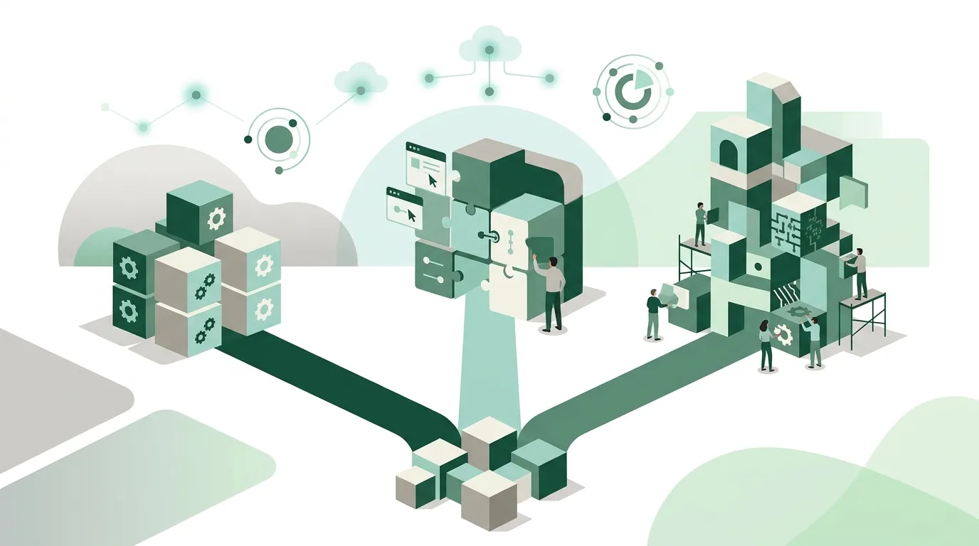 Illustration for the question “Off-the-shelf software, low-code or custom development: what costs what?”
