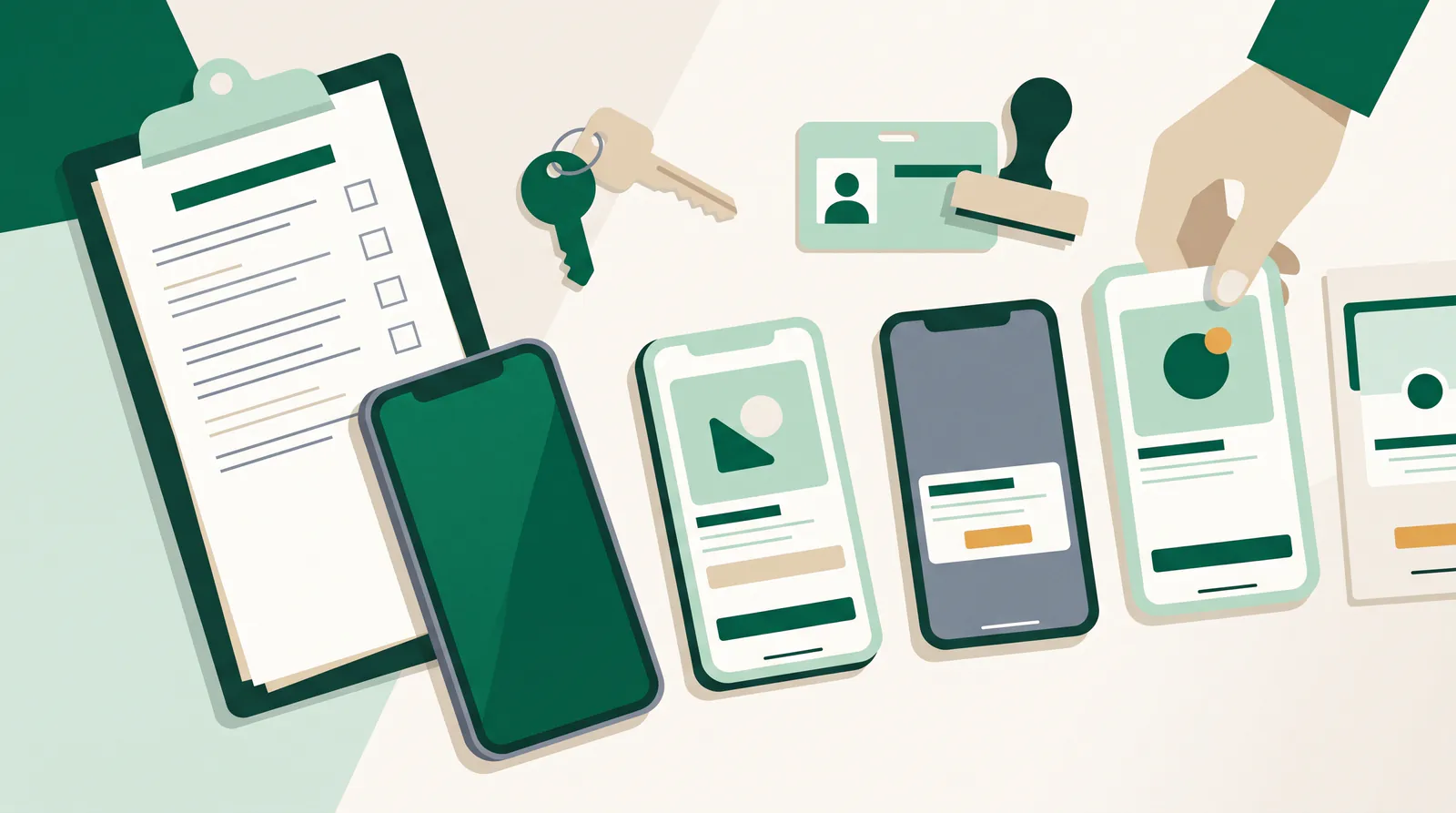 Auf einem Tisch liegen ein Klemmbrett mit Checkliste, ein Schlüssel, ein Ausweis, ein Stempel und mehrere Smartphones mit Bildschirmansichten; eine Hand legt das letzte Gerät dazu.