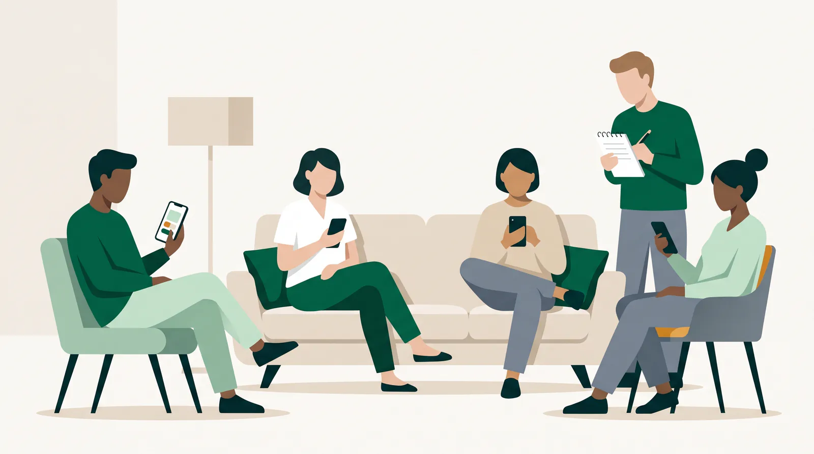 Fünf Personen sitzen in einem hellen Wohnzimmer auf Sofa und Sesseln und probieren eine App auf ihren Smartphones aus; eine sechste Person steht dahinter und macht Notizen.