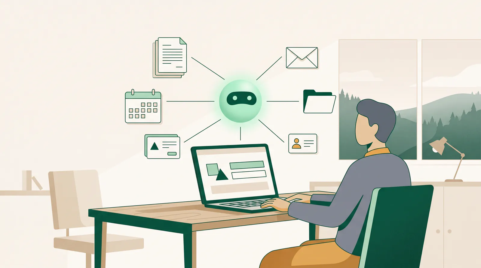 Eine Person arbeitet am Laptop; über dem Schreibtisch schwebt eine leuchtende grüne Kugel als KI-Assistent, verbunden mit Symbolen für Dokumente, Kalender, E-Mail, Ordner und Kontaktkarte.