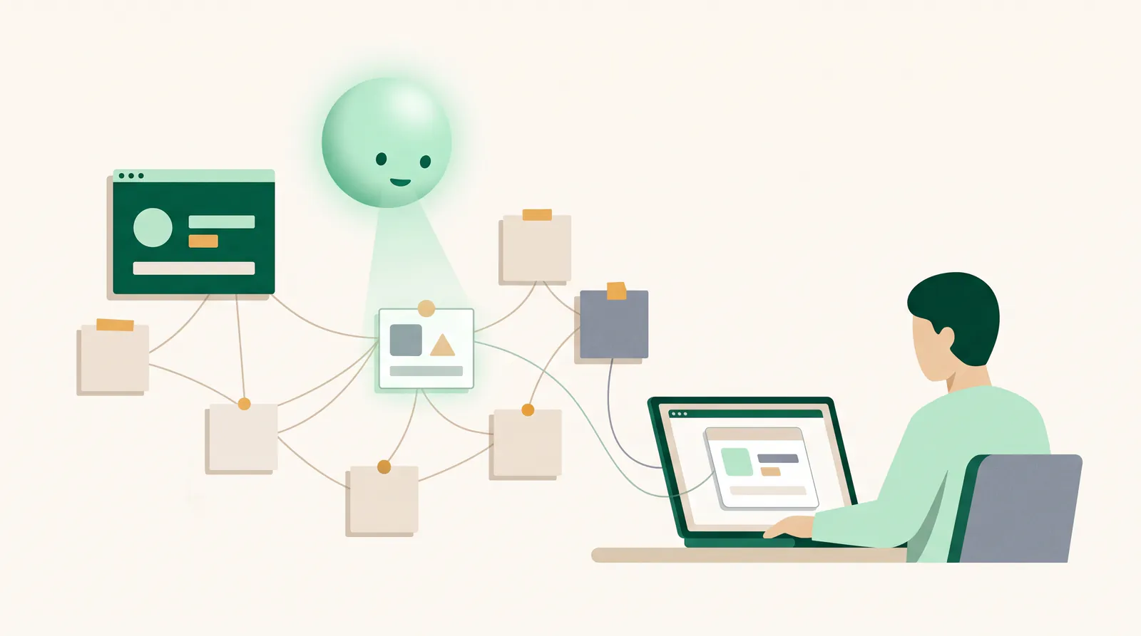 Eine leuchtende grüne Kugel richtet einen Lichtkegel auf eine Notizkarte in einem Netz verbundener Karten; eine Person am Laptop sieht die Antwort, die auf diese Karte verweist.