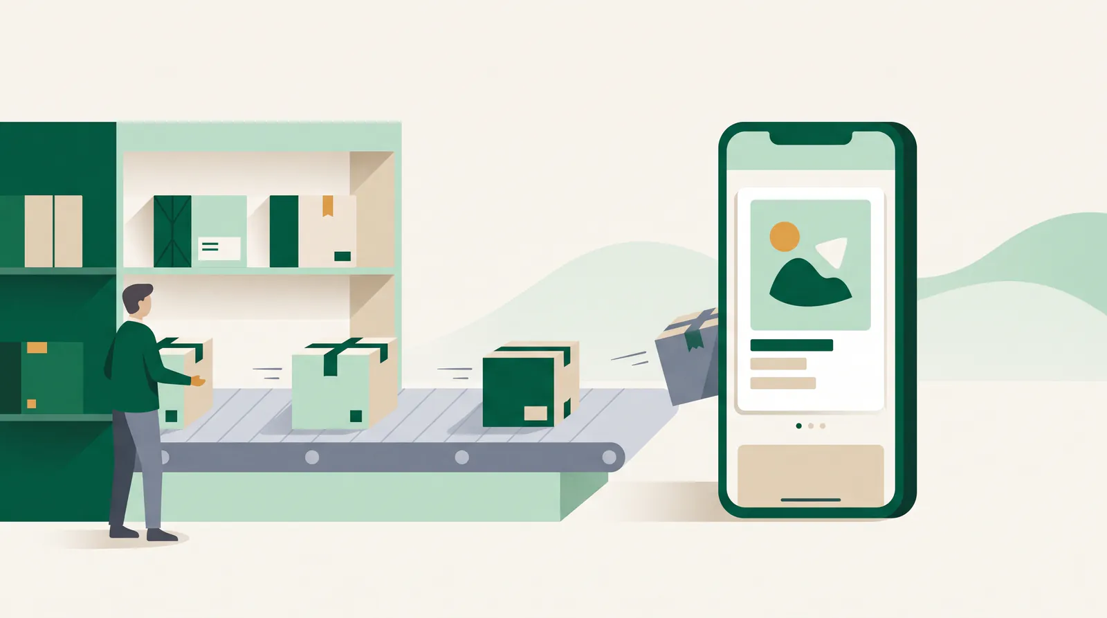 Fertig gepackte Pakete laufen aus einem Regal über ein Förderband zu einem großen Smartphone, das eine Produktseite zeigt; Bewegungslinien deuten Tempo an.